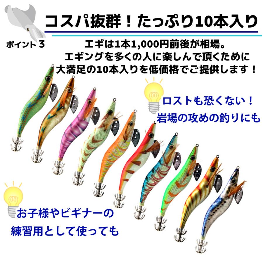 エギング セット 2.5号 3号 3.5号 仕掛け 釣り具 餌木 初心者 おすすめ 夜光 ケース付 10本入り｜anitcho｜06