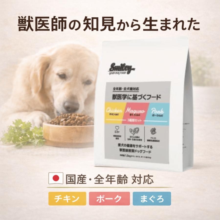 【3種セット】smileyドッグフード 大容量 純国産 ドライフード スマイリー 1.5kg アソート チキン マグロ ポーク 体重管理 | Smiley（ペット用品） | 03