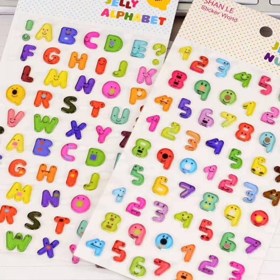 ぷくぷくシール 3D立体シール おはじき 文字 アルファベット 数字 英語 セット ぷっくり ぷにぷに つやつや 3Dシール かわいい | 