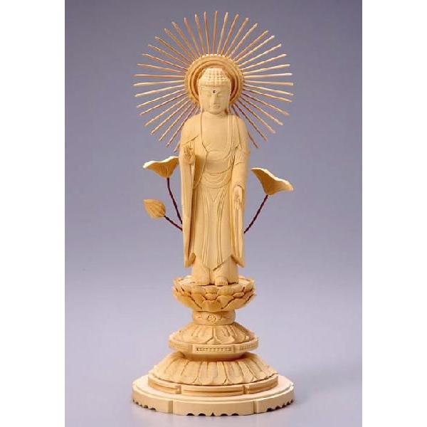 仏像 東立弥陀 阿弥陀如来 桧 ヒノキ 白木 丸台座 5寸