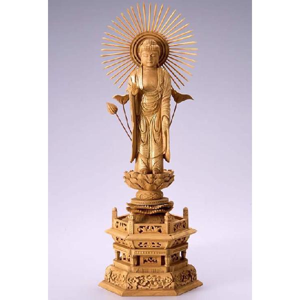 仏像 東立弥陀 阿弥陀如来 樟 楠 クス 六角座 3.5寸