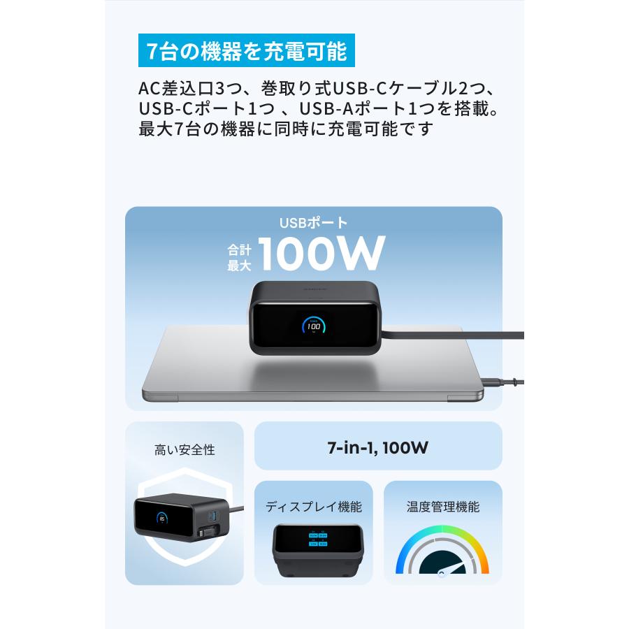 Anker Nano Charging Station (7-in-1, 100W, 巻取り式 USB-C ケーブル) (USBタップ 電源タップ) 【PSE技術基準適合】MacBook iPhone | Anker | 03