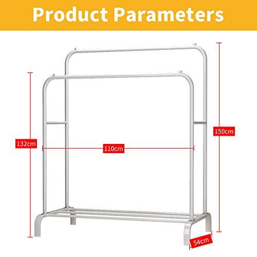 UDEAR ガーメント ラック 自立型 ハンガー ダブル ロッド 多機能 ベッドルーム 衣類 ラック 110*54*150 cm ホワイト