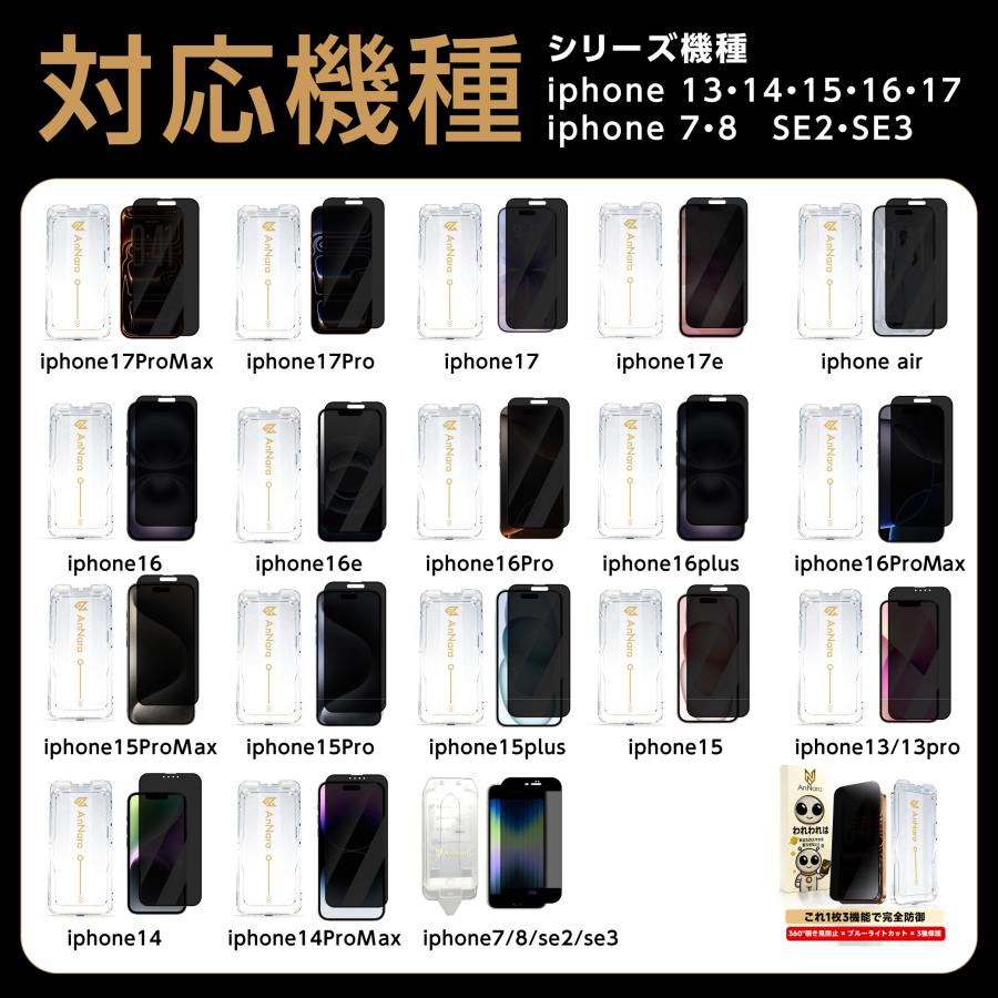 iPhone17 ガラスフィルム 360°覗き見防止 ブルーライトカット iPhone 17e 16 16e 15 14 13 Pro Max 保護フィルム iPhone SE3 Pro フィルム 除き見防止 | iPhone | 17