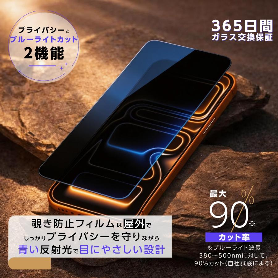 iPhone17 ガラスフィルム 360°覗き見防止 ブルーライトカット iPhone 17e 16 16e 15 14 13 Pro Max 保護フィルム iPhone SE3 Pro フィルム 除き見防止 | iPhone | 02