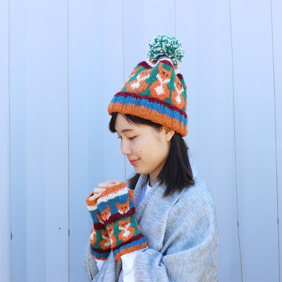 古着 ニット帽 ハンドメイド ネパール製 ポンポンニット帽 耳当て ユニセックス ネパールニットキャップ アニマル ボンボン付き ニット帽 ウール100