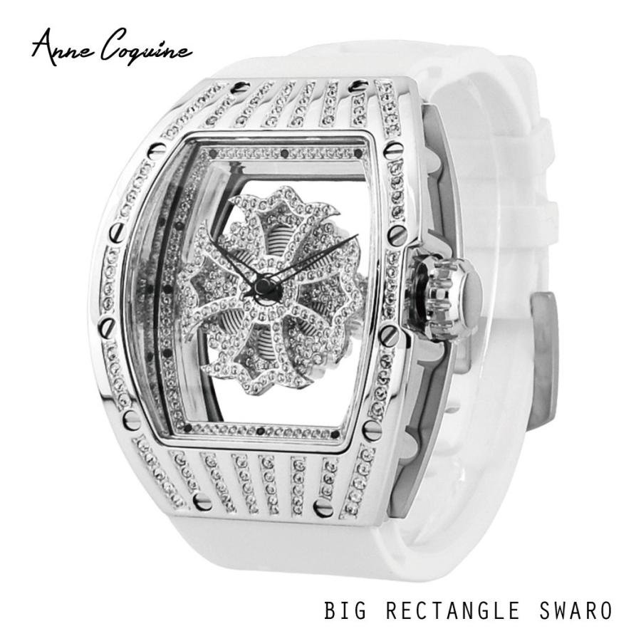 大きい割引 アンコキーヌ 時計 腕時計 AnneCoquine 1147-1401 ホワイト シルバー ビッグレクタングルスワロ レディース メンズ ペアウォッチ