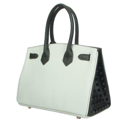 ハンドバッグ アンコキーヌ AnneCoquine メンズ レディース サイドスタッズ 25cm ホワイト ブラック バイカラー 2245-1501-02 本革 おしゃれ プレゼント ギフトの画像