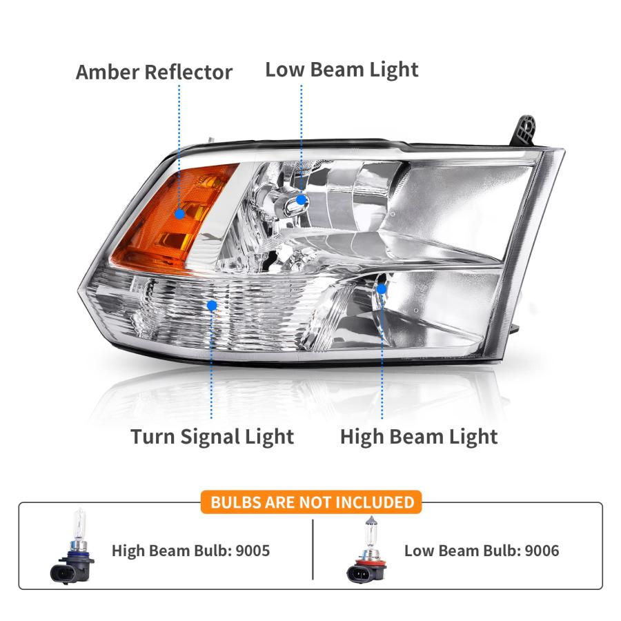 信頼 DWVO Headlight Assembly Compatible with 2009-2018 Dodge Ram 1500/10-18 Dodge Ram 2500 3500/19-22 Ram 1500 Classic Pickup Headlamp Replacement Chrome H