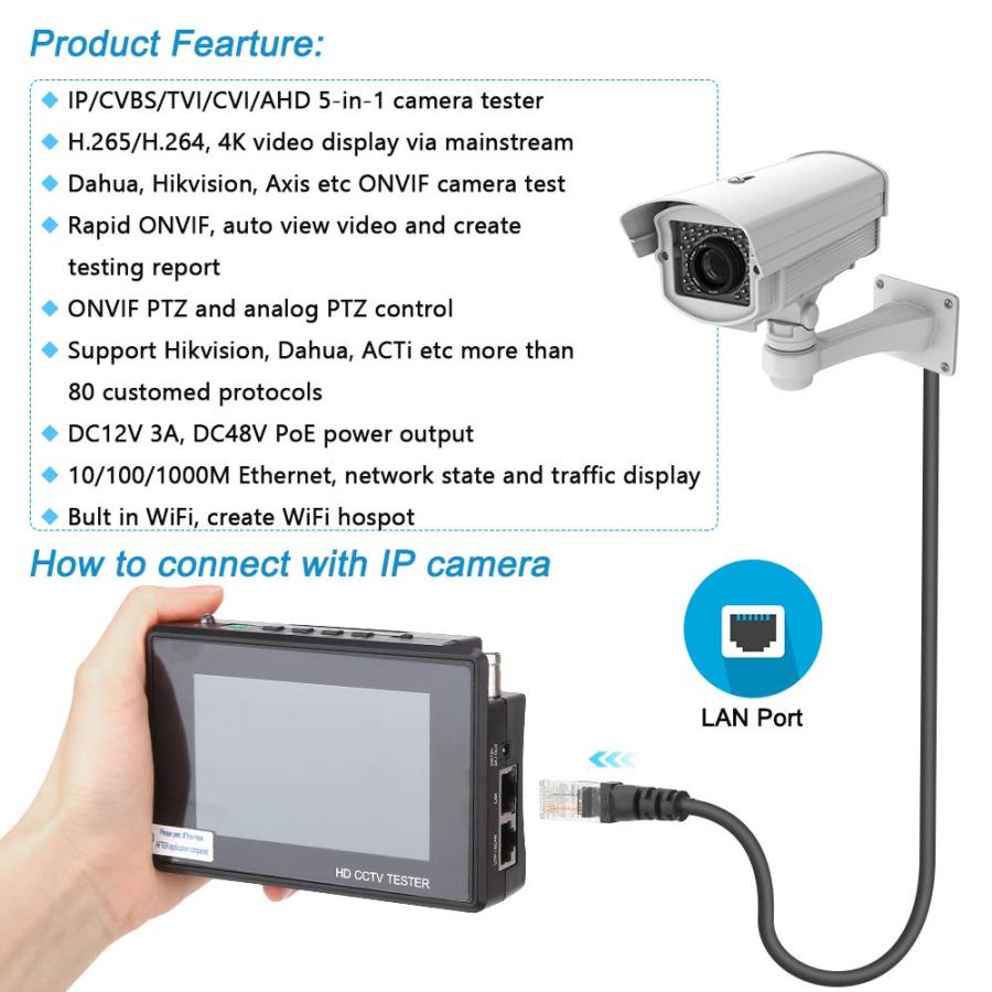 購入大特価 WSDCAM CCTV Tester with Wire Tracker， 4 Inch Portable Wrist IP Camera Tester CCTV Tester 4K H.265 IP CVBS CVI TVI AHD Analog Camera Tester with POE/IP