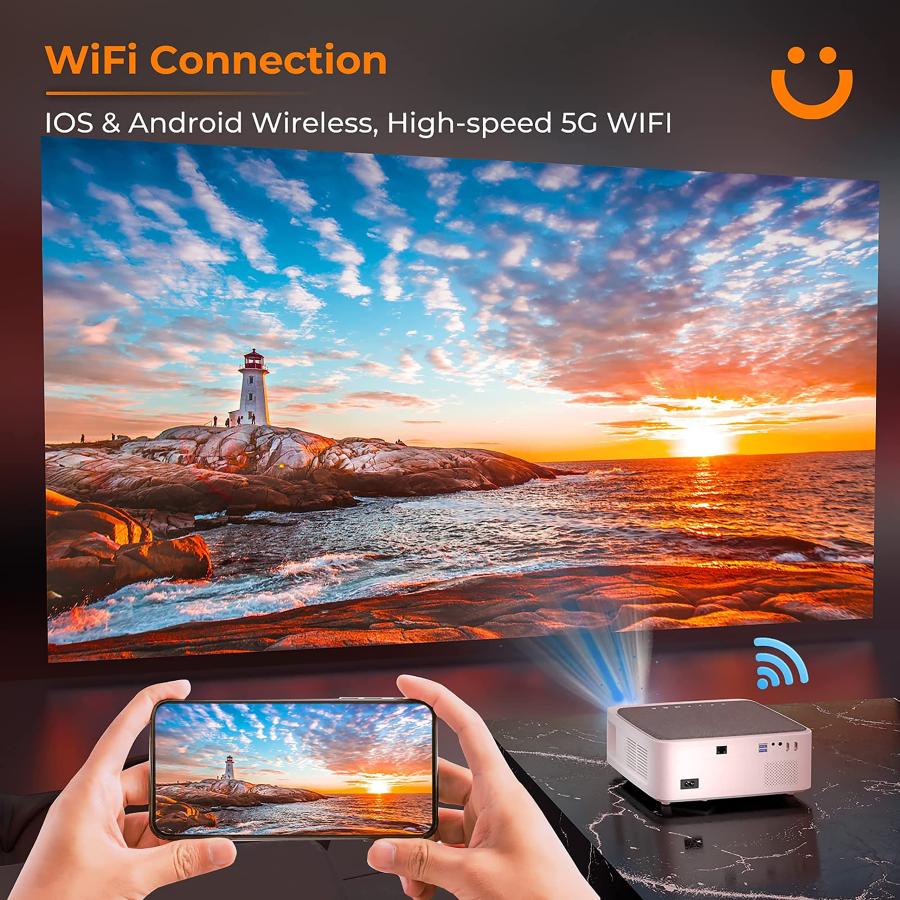 日本未入荷 Projector with WiFi and Bluetooth， 13000L Outdoor Movie Projector Native 1080P 5G WiFi 4K Supported， YABER V6 Portable Home Theater Projector， 300 Di