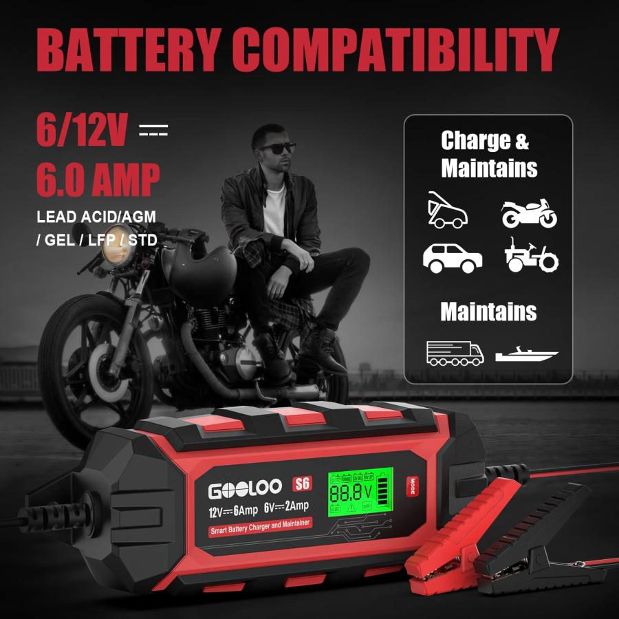 販売販売好調 GOOLOO 6 Amp Smart Battery Charger， 6V and 12V Trickle Charger and Maintainer for Lead-Acid Battery， Up to 150Ah， Supersafe Battery Desulfator with LC