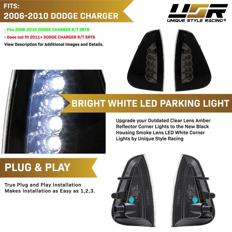 公式限定新作/送料無料 USR DEPO 充電器 ウィンカーライト - ＜ LEDアップグレード ブラック / スモークフロントLEDコーナーランプ (左+右) 2006-2010 Dodge Charger Sedanに対応 (ス