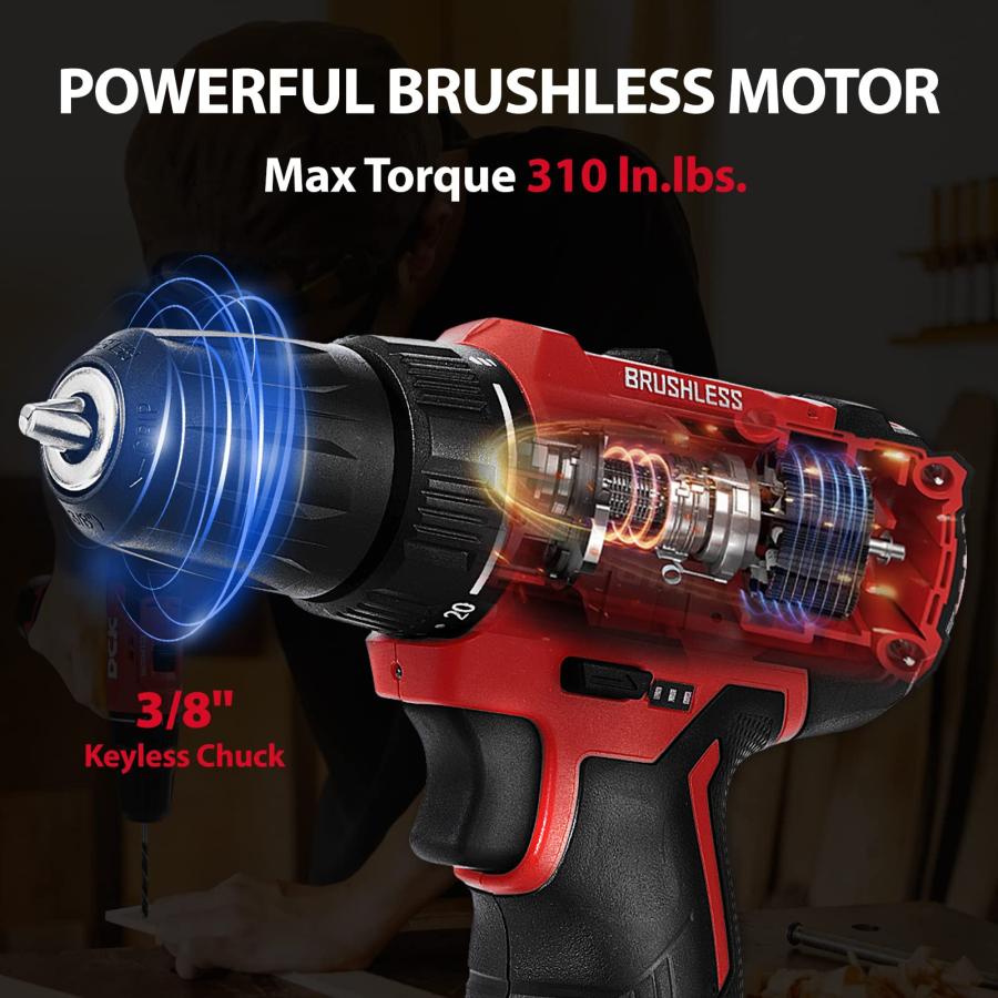 激安セール DCK Brushless Drill Set， 310 in.lbs，12V Max Cordless Drill with 2.0Ah Battery， 3/8’’ Keyless Chuck， 2 Variable Speeds， 20+1 Torque Power Tool Kit f