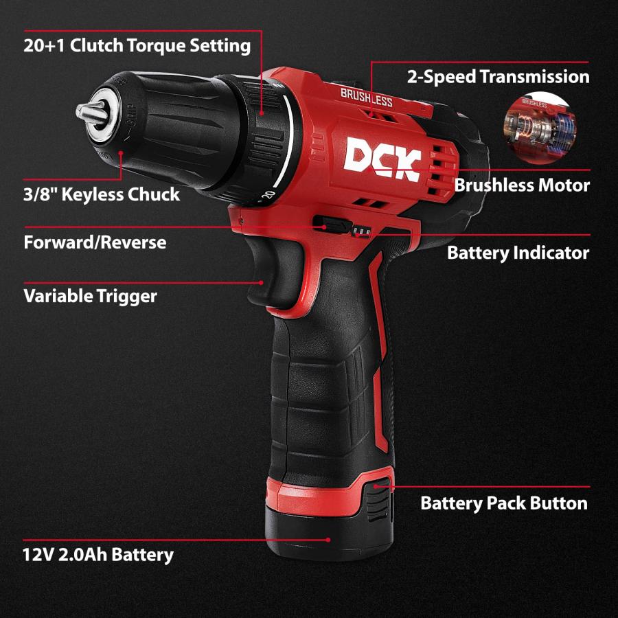 激安セール DCK Brushless Drill Set， 310 in.lbs，12V Max Cordless Drill with 2.0Ah Battery， 3/8’’ Keyless Chuck， 2 Variable Speeds， 20+1 Torque Power Tool Kit f