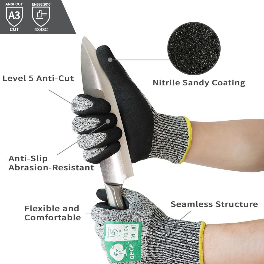 【お買い得！】 GECP 6 Pairs Cut Resistant Gloves Level 5 Cut Proof Work Gloves Sandy Nitrile Coated Firm Grip Safety Gloves for Men Sheet Metal Handling， Glass Cutti