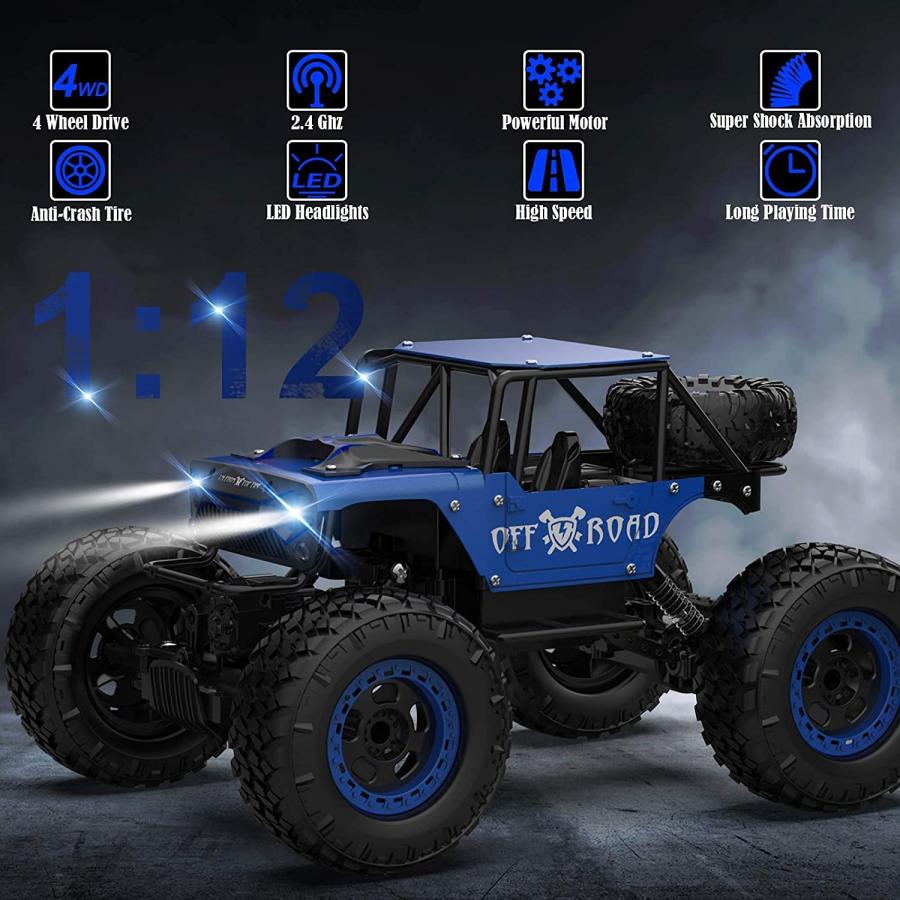 最新購入 Uniway RC Cars，Remote Control Monster Truck 1:12， Rc Truck， Rock Crawler with LED Light，Remote Control car Great Gift for Boys and Girls Aged Black