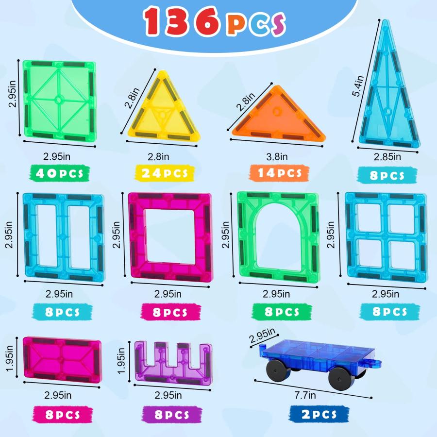 【期間限定特価】 Gemmicc Magnetic Tiles， Deluxe 136 PCS Building Blocks Magnet Toys for Kids，3D Magnet Puzzles Stacking Blocks for Boys Girls，Huge Set with 2 Cars