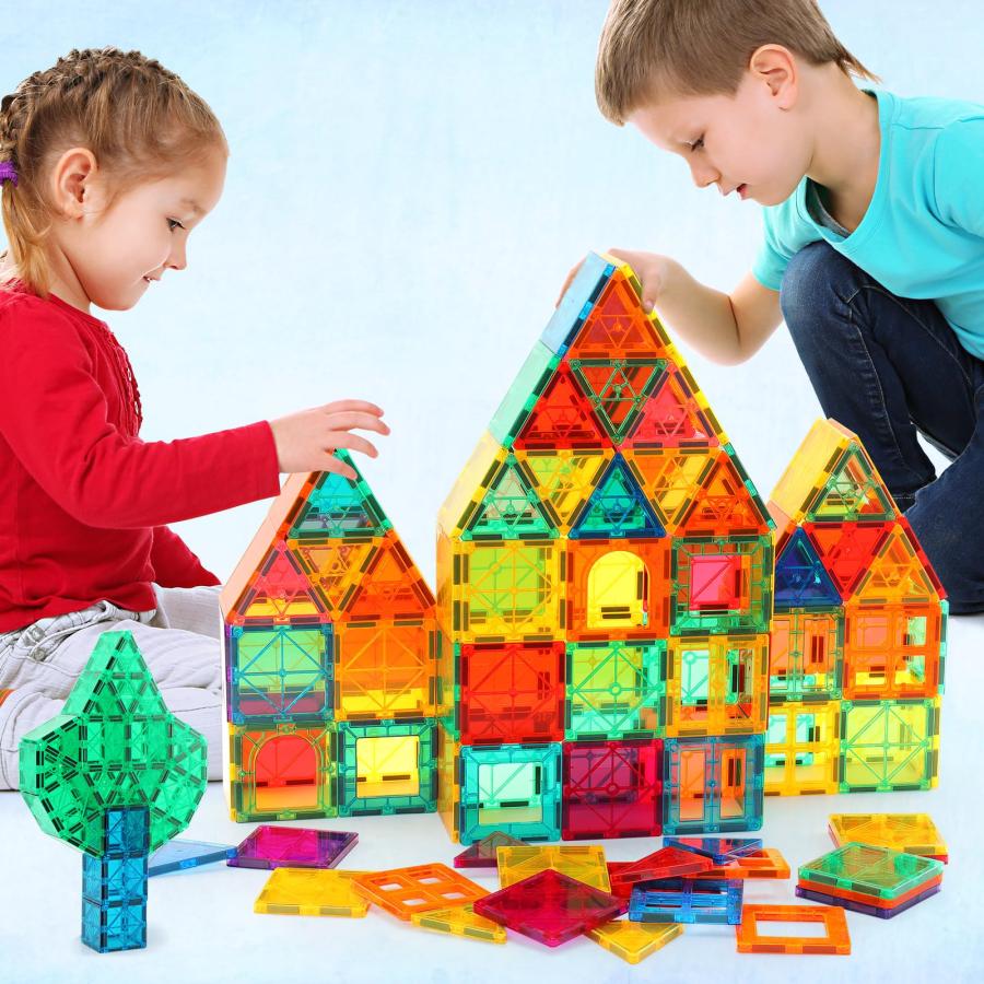 【期間限定特価】 Gemmicc Magnetic Tiles， Deluxe 136 PCS Building Blocks Magnet Toys for Kids，3D Magnet Puzzles Stacking Blocks for Boys Girls，Huge Set with 2 Cars