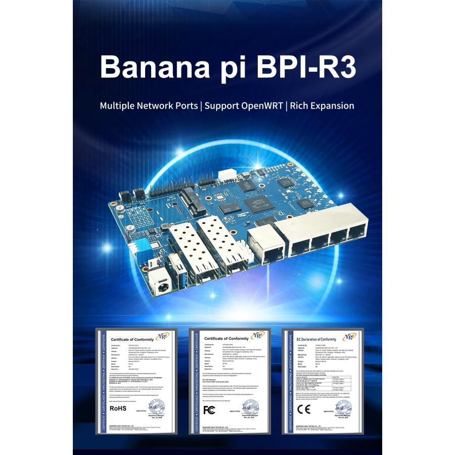 豪華で新しい youyeetoo Bananapi BPI-R3 WiFi 6 Router Development Board with MediaTek MT7986 Chip 2GB DDR RAM， 8GB eMMC Flash， Dual GbE LAN for IoT Router Projects