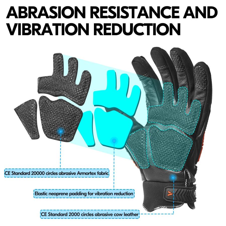 爆売りセール開催中！ Vgo... Safety Leather Work Gloves，Mechanics Gloves，Impact Gloves，Anti-Vibration Gloves，Heavy Duty，Water Resistant(1 Pair，Size M，Black，CA7722WR)