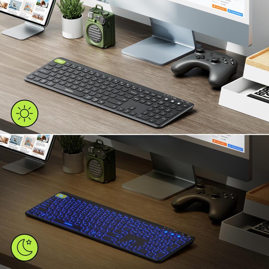 当日発送可能 seenda Backlit Bluetooth Keyboard (USB + Dual BT)， Multi-Device Rechargeable Keyboard， Wireless Bluetooth Keyboard Backlit， Compatible for Windows， La