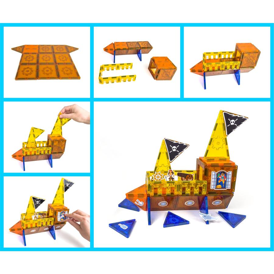 クリアランス本物 Tytan Tiles Pirate Ship ＆ Island 60-Piece Magnetic Tiles Building Set， Fun Kids’ STEM Toy， Creative Play， Shape ＆ Pattern Recognition， Fine Motor S