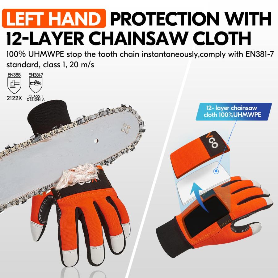 見逃せない Vgo... Chainsaw Gloves，12-Layer Chainsaw Protection on Left Hand Back，Safety Goat leather Work Gloves，Mechanic Gloves(1 Pair，Size M，Orange， GA9767CS)