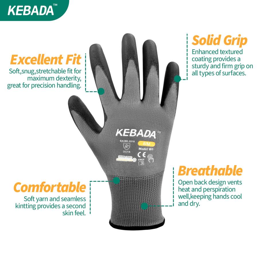 売りオーダー Kebada W1 Work Gloves for Men and Women，Touchscreen Working Gloves with Grip，50 Pairs Bulk Pack Thin Mechanic Gloves，PU Coated Breathable Mens Gardeni