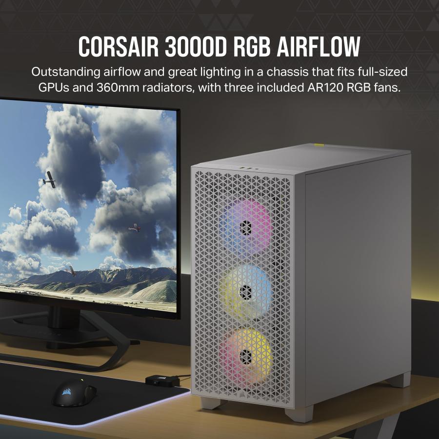 受注生産可能 CORSAIR 3000D RGB TG AIRFLOW White 120mm ARGBファン 3基搭載 ミドルタワー ATX PCケース ホワイト CC-9011256-WW