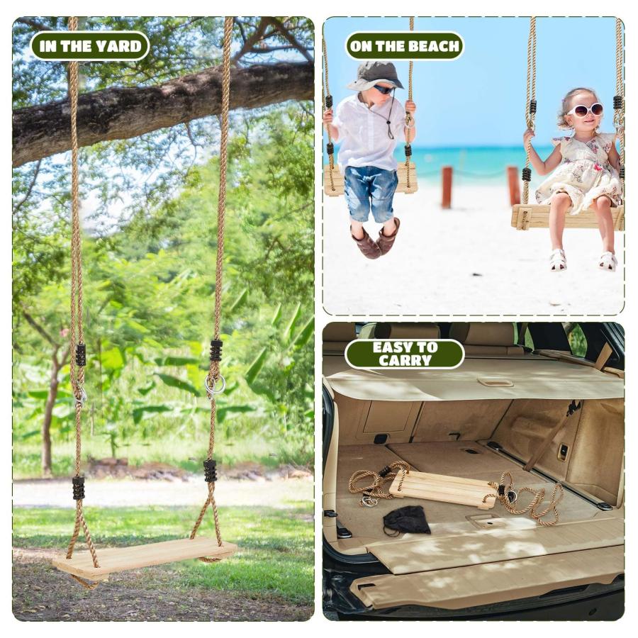在庫即納中 Shappy 3 Packs Wooden Swing Seat Kids Flat Tree Swing with Adjustable Nylon Hanging Rope Storage Bag， Room Swing for Kids Garden Backyard Playground P