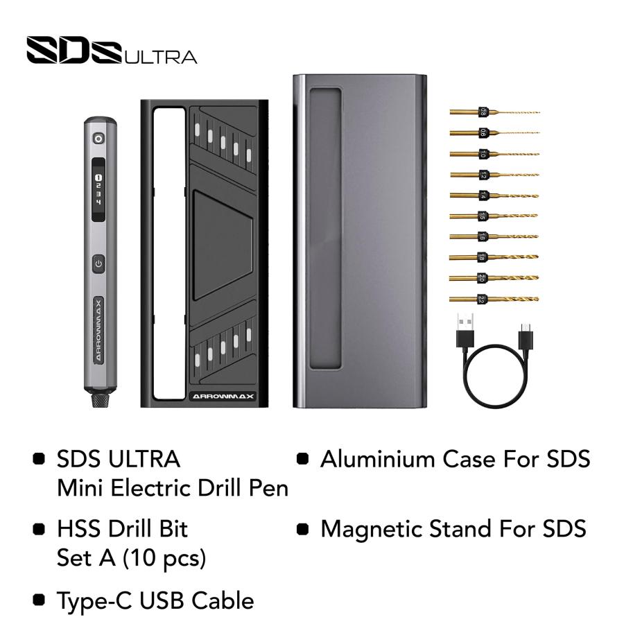 スペシャルプライス ARROWMAX ミニ電動ドリルペン 13イン1 アルミボックス付き OLEDディスプレイ LEDライト コードレス 10 HSSドリルビット 3/32インチ キーレスチャック 4つの可変