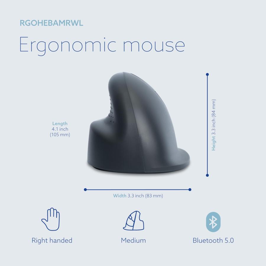 西九州新幹線 R-Go HE Basic Ergonomic Mouse， Bluetooth 5.0， Rechargeable with Type C/A， Prevention Mouse arm/Tennis arm， Vertical Ergo Mouse for Windows/Mac/Linux/A