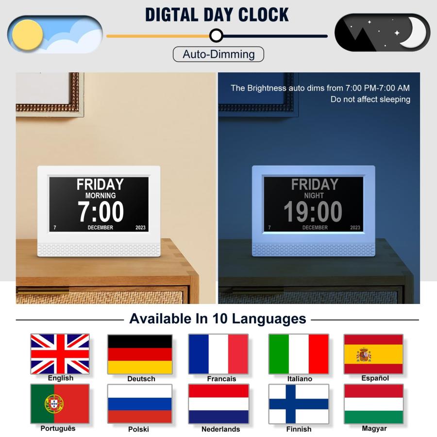 公式激安通販にて購入 SENXINGYAN Digital Calendar Alarm Clock， 7 HD Large Screen Display， New Multiple Clock Modes Auto-Dimming Clock， Non-Abbreviated Day Date for Alzheim