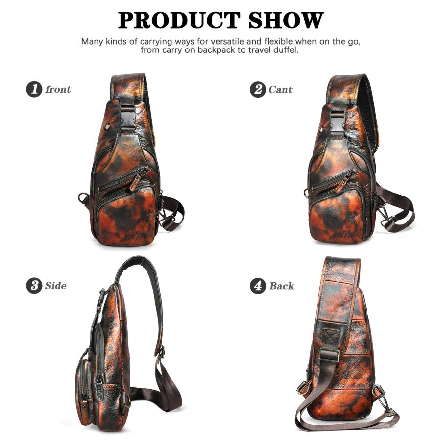 即日出荷 Handadsume Water Resistant Canvas + Leather Hiking Travel DayPack Sling Crossbody Triangle Chest Pack Bag For Men Women FB8013 (100% Genuine Leather-8