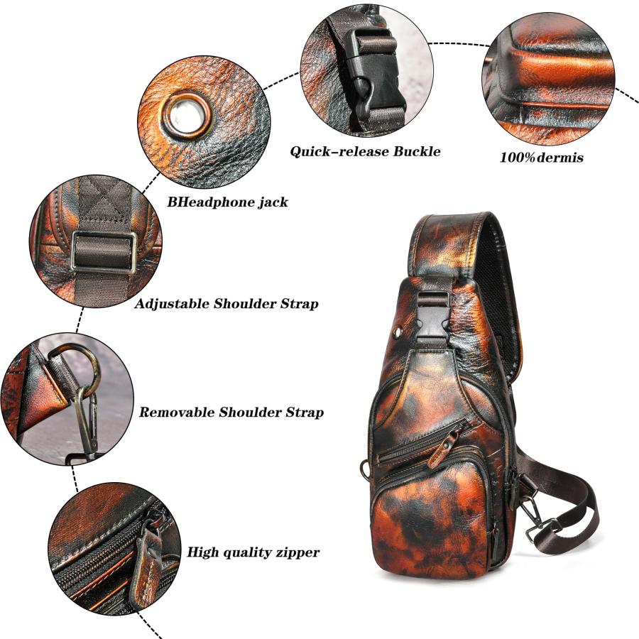 即日出荷 Handadsume Water Resistant Canvas + Leather Hiking Travel DayPack Sling Crossbody Triangle Chest Pack Bag For Men Women FB8013 (100% Genuine Leather-8