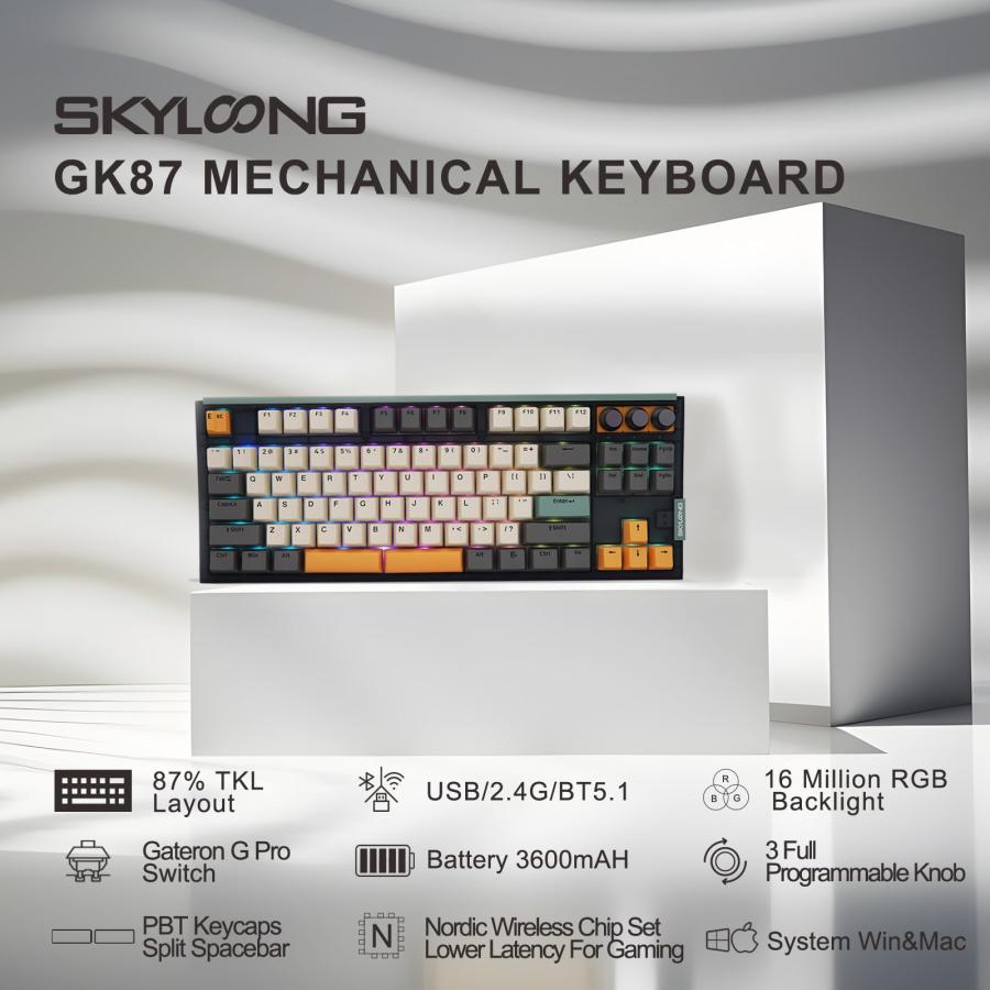 買っ SKYLOONG GK87 V3 TKL Wireless Mechanical Keyboard - Nordic 2.4G/Bluetooth 5.1/USB Wired - Double Spacebar - 3Knobs - Gateron G Pro Switch-RGB Backlit
