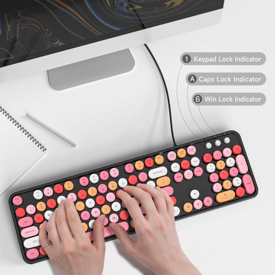 店内の商品は在庫 MOWUX Computer Keyboard Wired， Plug and Play USB Retro Round Typewriter Keyboard， Full Size Wired Keyboard with Foldable Stands for Laptop and Office