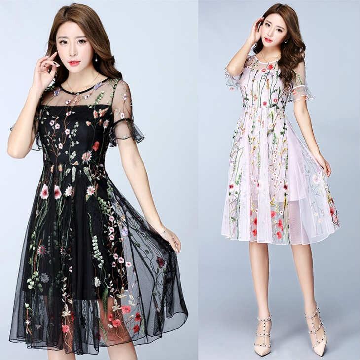 パーティードレス 完売 膝丈 膝下 ミモレ丈 上品 花柄 刺繍 ワンピース 黒 白s 5l Lsfs 送料無料 セール 特集