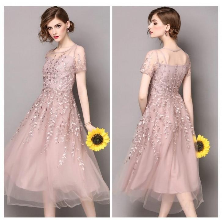 ドレス ミモレ丈 ワンピース S 3l 予約 半袖 袖あり 結婚式 透け感 レース シースルー リーフ柄 刺繍 ロング ひざ下丈 シフォン ピンク 水色 S M L 2l Ats T Anniversary Style 通販 Yahoo ショッピング