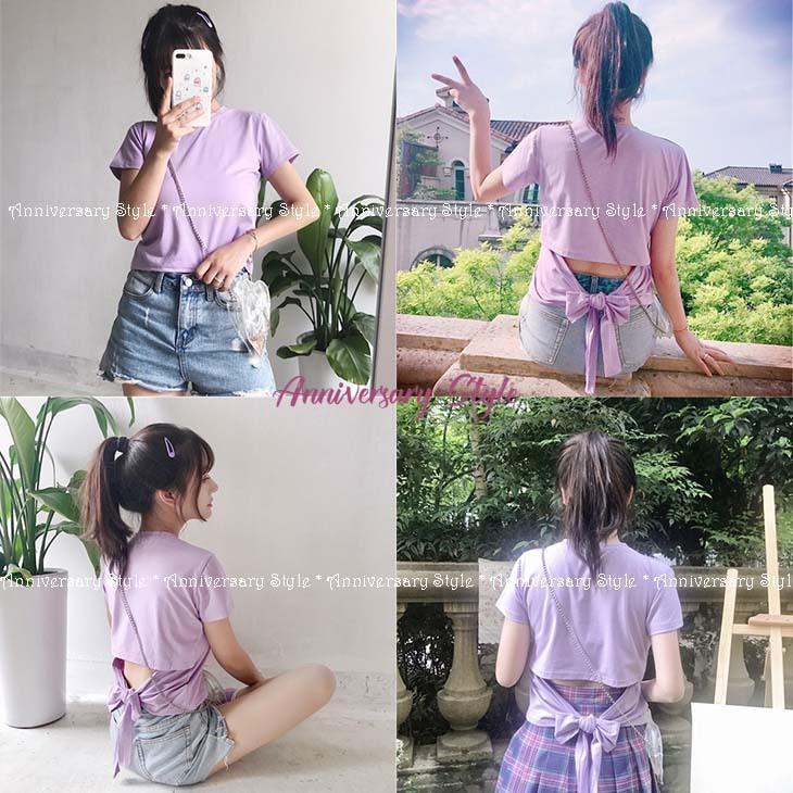 Tシャツ 半袖 レディース 背中開き 後ろリボン トップス M ( S 相当) 黒 白 紫 即納 無地 韓国 pl926 カットソー レディース Tシャツ|anniversary-style|09