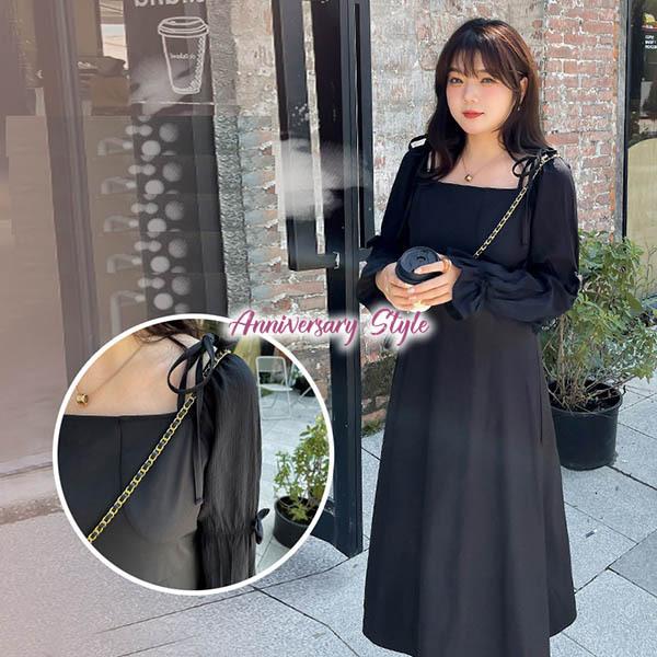 人気特価激安 ワンピース 春 スクエアネック リボン キャンディー袖 レディース Yt 大人可愛い 大きいサイズ ぽっちゃり ロング 黒 2l 5l ワンピース サイズ 2l
