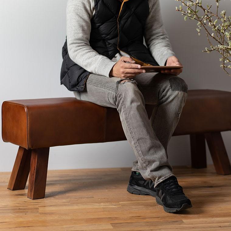 レザーベンチ ソファ 椅子 ブラウン 本革 天然木 無垢木 家具 ベッドサイド リビング 玄関 待合室 店舗 カフェ 北欧 | 