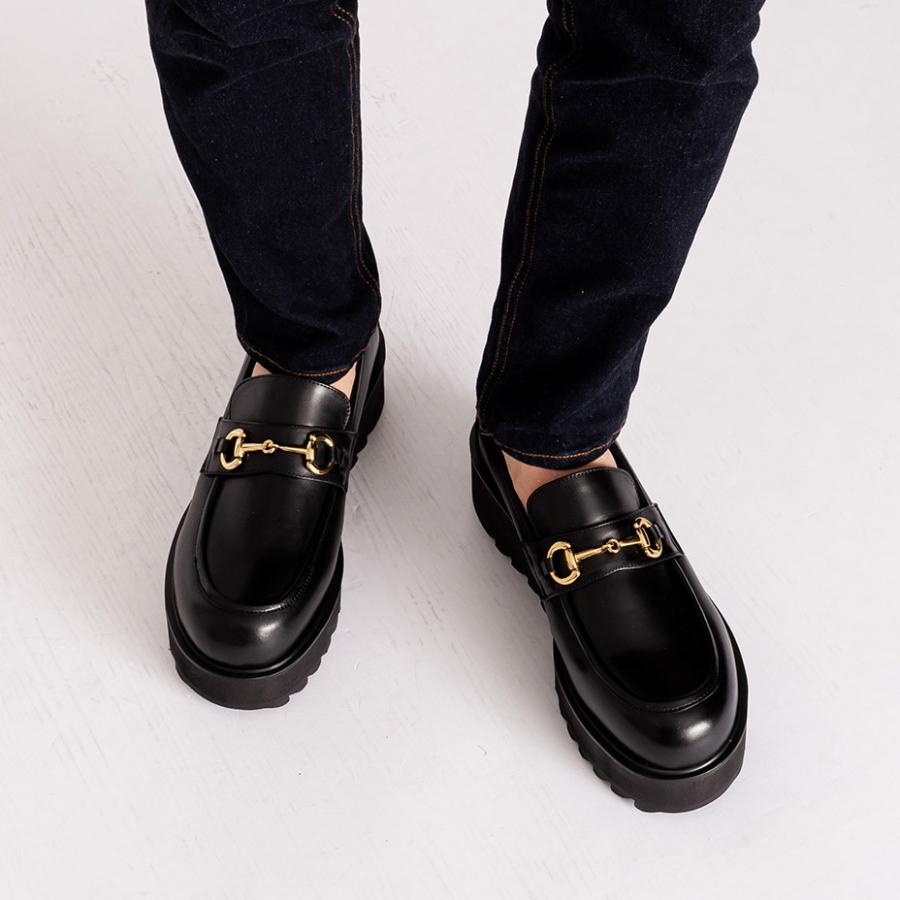 黒レザー厚底ローファー ALPHA CUBIC ローファー 「撥水加工」リアルレザー 厚底トラック