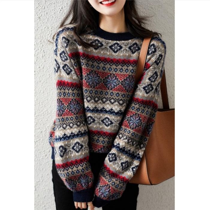 【クリスマス特集】 ニット レディース ウール100% セーター 秋冬トップス  ノルディック柄 スノー柄  かわいい ゆったりシルエット 定番クリスマス [1色展開]
