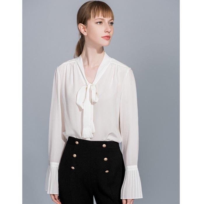 【SPRING SILK SHIRT 】レディース シルク シャツ ブラウス タイカラー 洗練されたデザイン 上質 高級感トップス 無地 シルク100％ [１色展開]