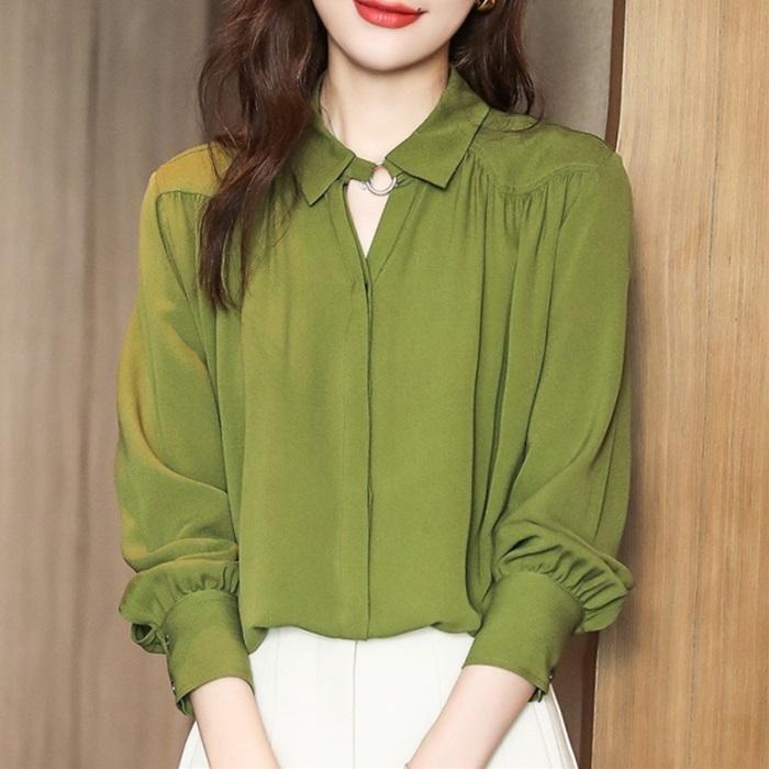 【SPRING SILK SHIRT 】レディース シルク シャツ 春カラー ブラウス 衿 リングデザイン 通勤 シャツ 上質トップス 無地 シルク100％ [2色展開]