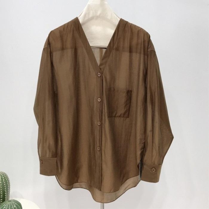 テンセル  シャツブラウス  レディース  初夏 フラップポケット トップス  ビックシルエットBASICシャツ  長袖  シアーブラウス[２色展開]
