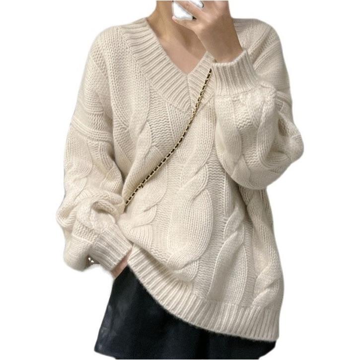 レディース ニット  　カシミヤ混　　ケーブル編みＶネック 　 プルオーバー 　カシミアセーター トップス　若々しいクリームカラー[４色展開]