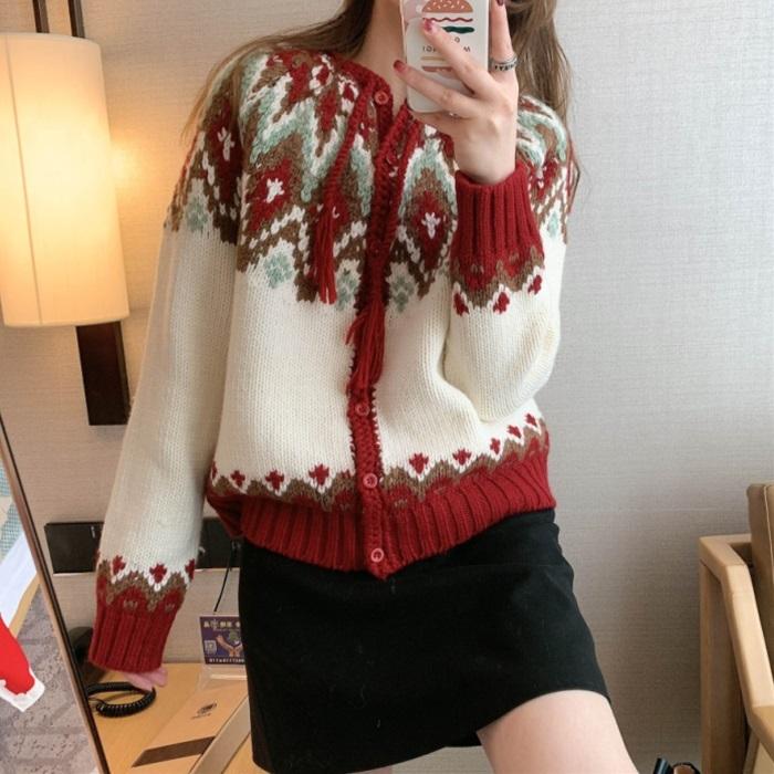 【Fairisle Kint】 ニット レディース　ウール セーター　冬トップス ノルディック柄柄 スノー柄　ざっくりハンドニット　ニット カーディガント [１色展開]